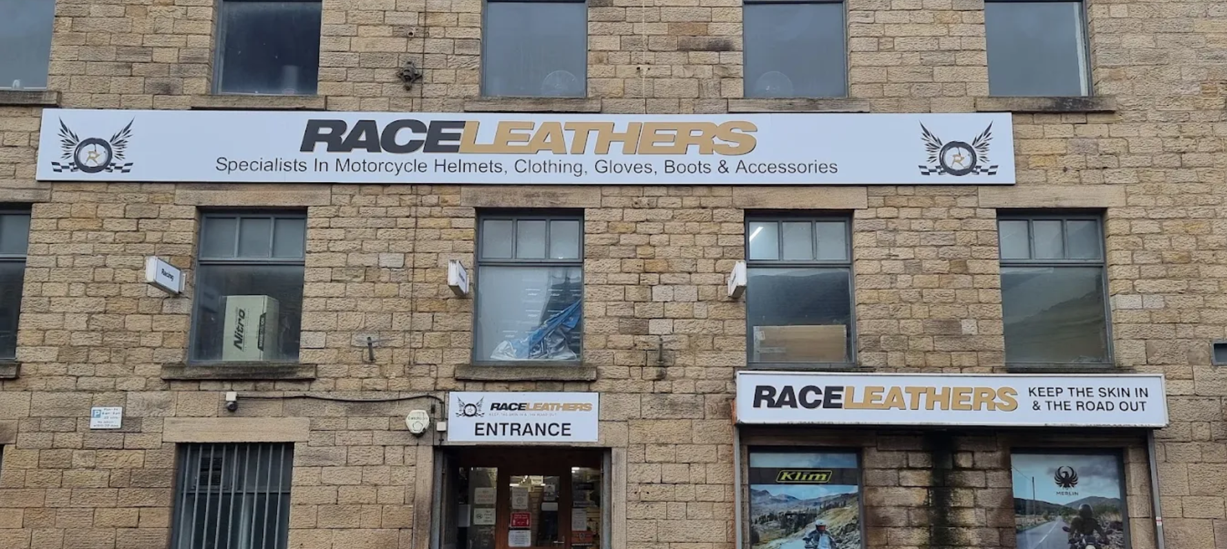 Front view of Raceleathers Darwen shop.