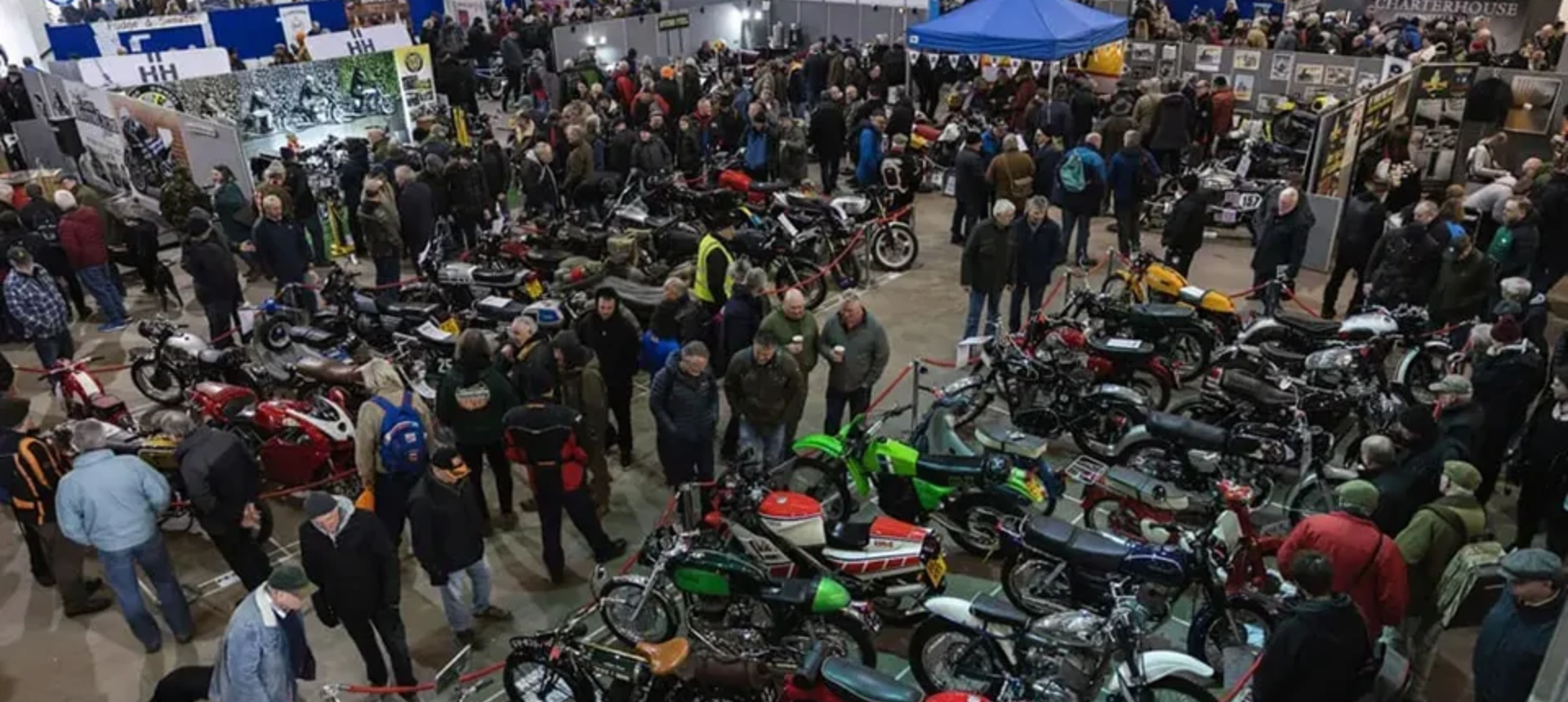 View of crowds surrounding bikes at Bristol Classic Motorcycle Show 2025.