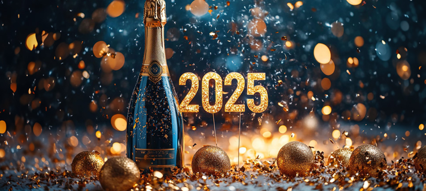 Bottle of champagne with text 2025.
