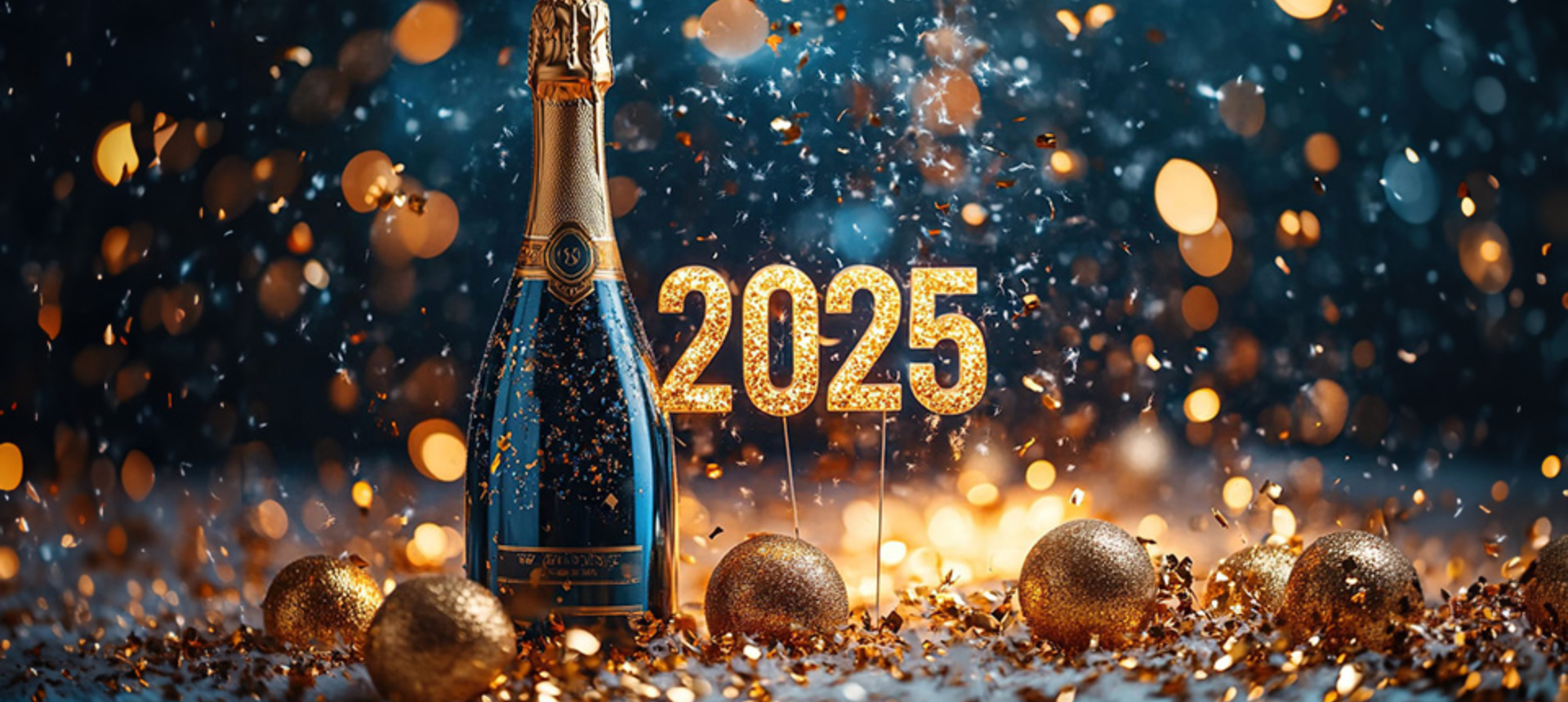 Bottle of champagne with text 2025.