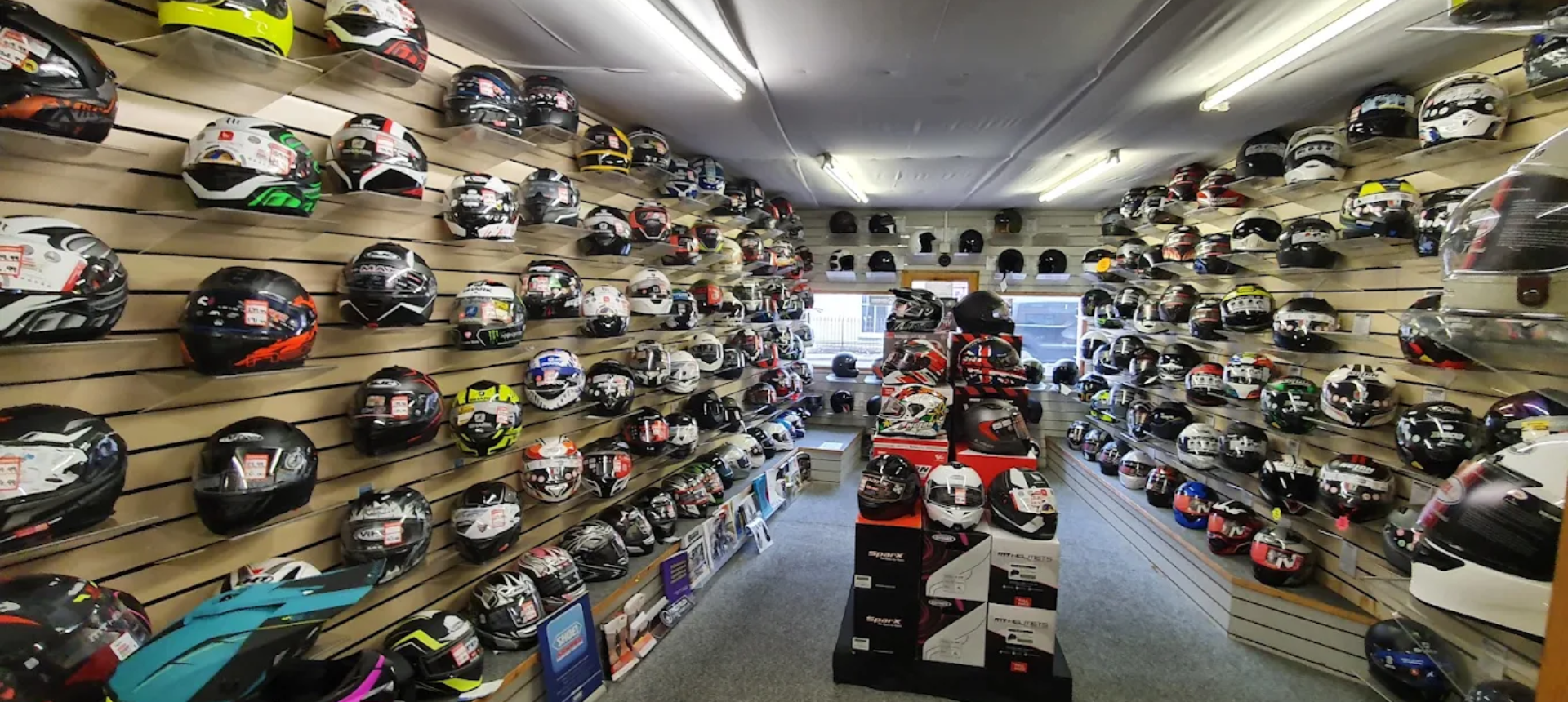 Race Leathers motorcycle helmet shop.
