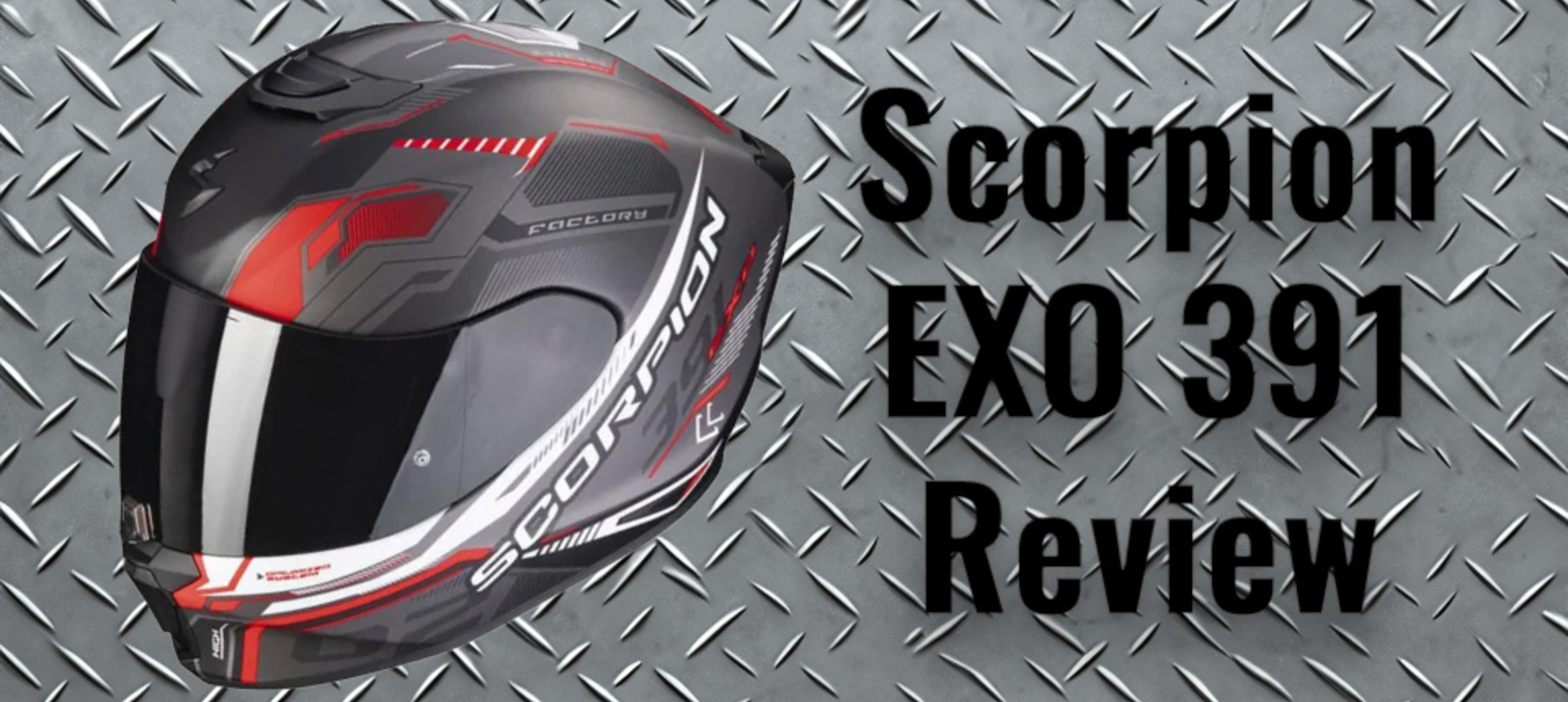 Scorpion EXO 391 helmet with review text.