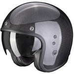 A carbon fiber open-face motorcycle helmet with a clear visor, shown from a three-quarters angle against a plain white background.