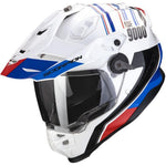 Motorcycle helmet with white, blue, and red design on a white background