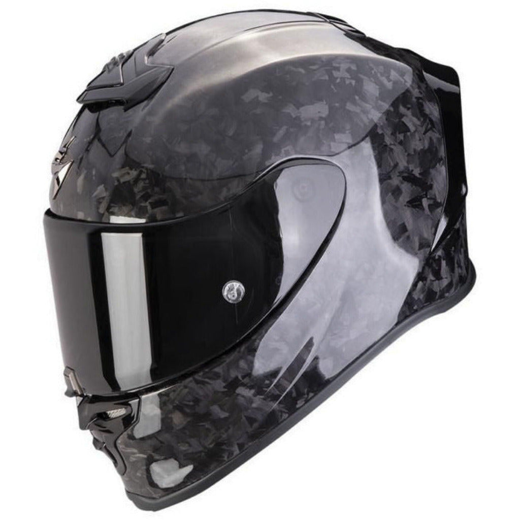 Black motorcycle helmet with a glossy finish on a white background