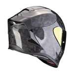 Black and gray motorcycle helmet with a visor on a white background