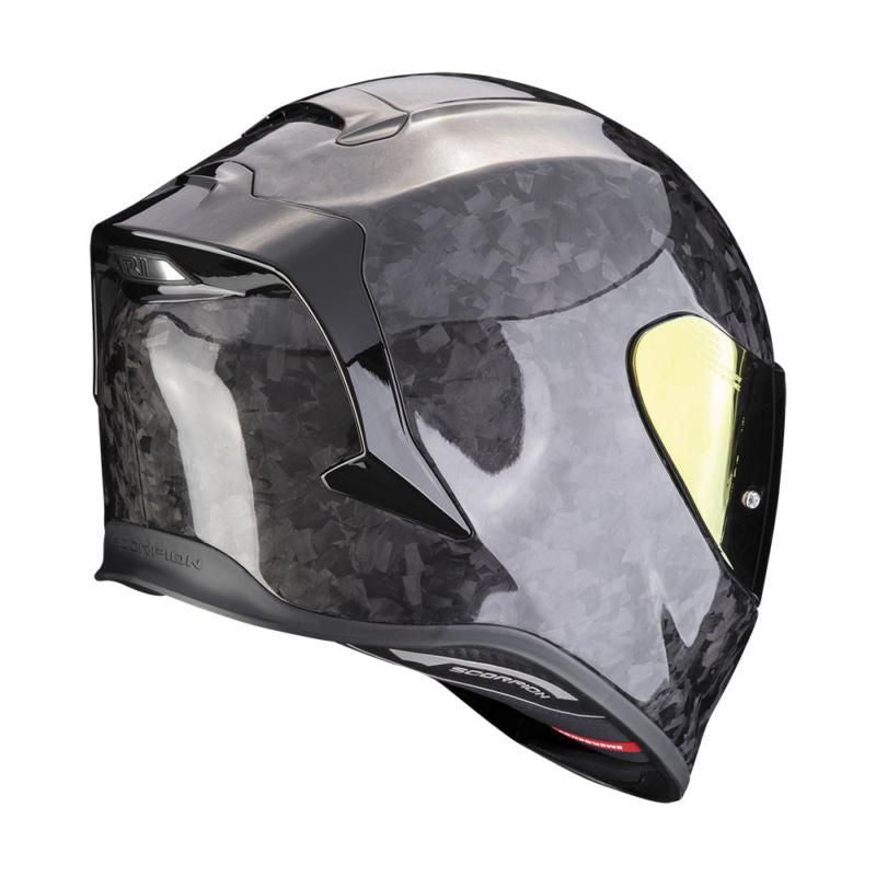 Black and gray motorcycle helmet with a visor on a white background