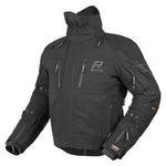 A black technical motorcycle jacket with a high collar, multiple zippered pockets, and protective armor plates, shown on a plain white background.