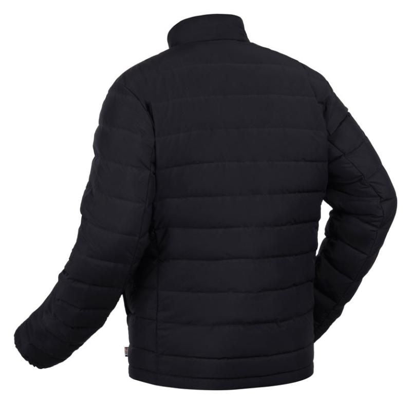 A black quilted puffer jacket shown from the back, featuring horizontal stitching and a stand-up collar, photographed against a plain white background.