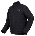 Black puffer jacket with a brand logo on a white background