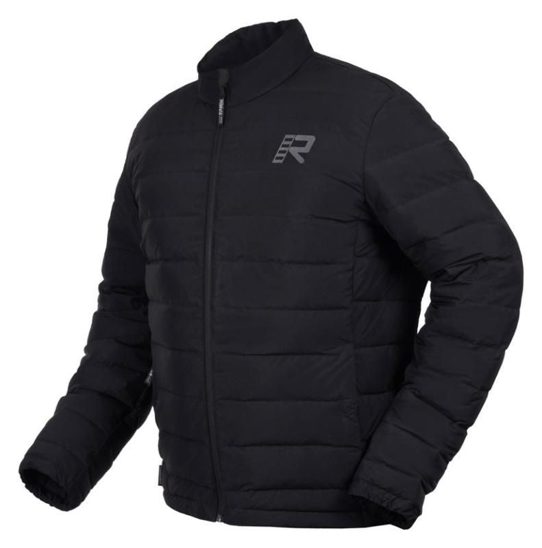 Black puffer jacket with a brand logo on a white background