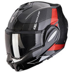 Black and red motorcycle helmet with EXO branding on a white background