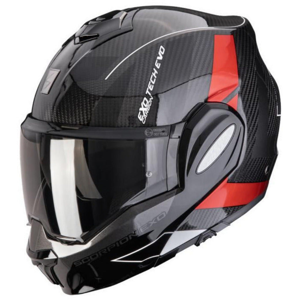 Black and red motorcycle helmet with EXO branding on a white background
