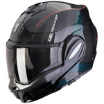 Black motorcycle helmet with EXO Tech EVO branding on a white background