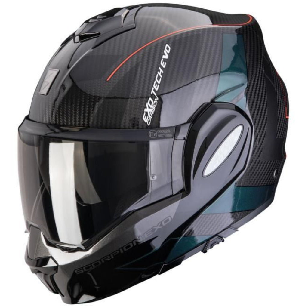 Black motorcycle helmet with EXO Tech EVO branding on a white background