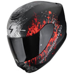 Black motorcycle helmet with red and white design on a white background