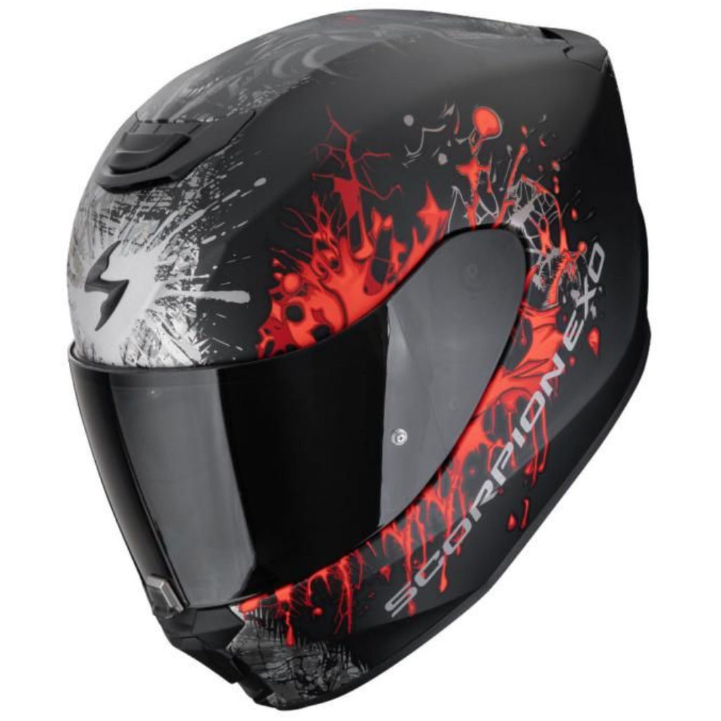 Black motorcycle helmet with red and white design on a white background