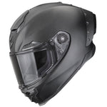 Black motorcycle helmet with clear visor on a white background