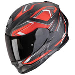 Black and red motorcycle helmet with Scorpion EXO branding on a white background
