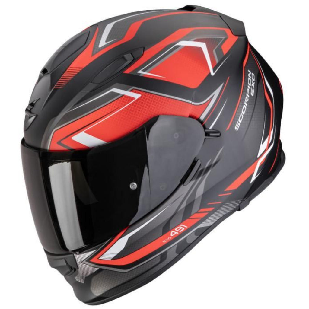 Black and red motorcycle helmet with Scorpion EXO branding on a white background