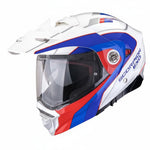 White, red, and blue motorcycle helmet with 'Scorpion EXO' branding on a white background