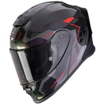 Black motorcycle helmet with red accents on a white background