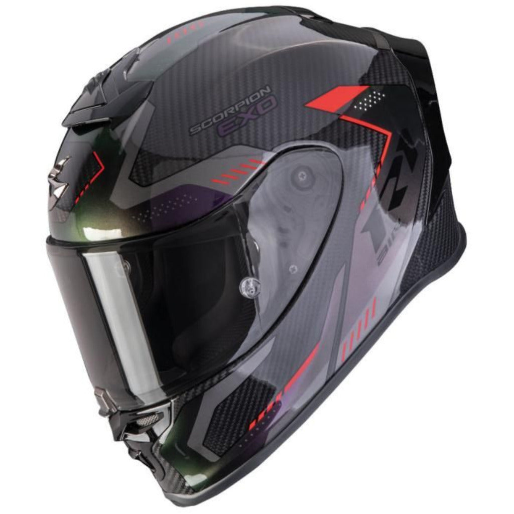 Black motorcycle helmet with red accents on a white background