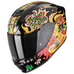 Colorful motorcycle helmet with 'Spicy Race' design on a white background