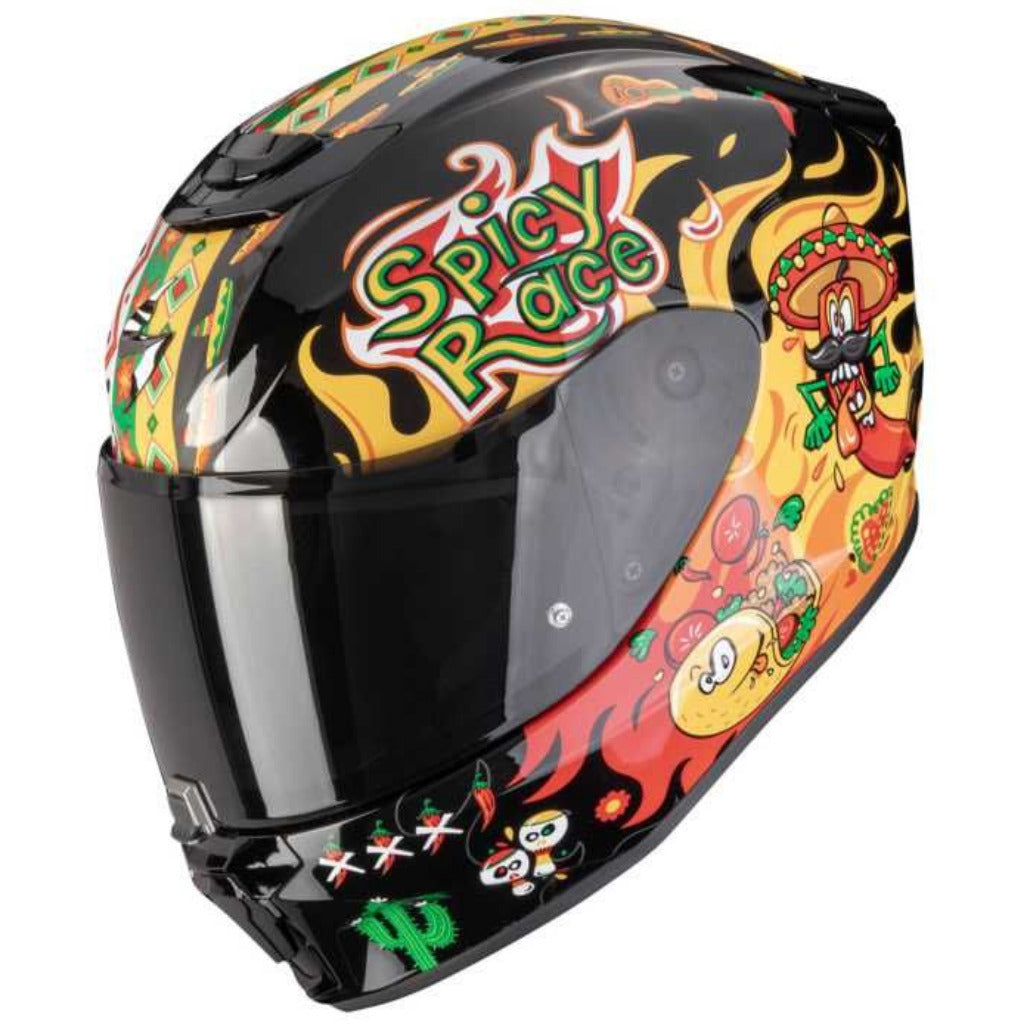 Colorful motorcycle helmet with 'Spicy Race' design on a white background