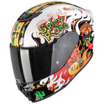 Colorful motorcycle helmet with 'Spicy Race' design on a white background