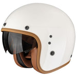 White motorcycle helmet with brown accents on a white background