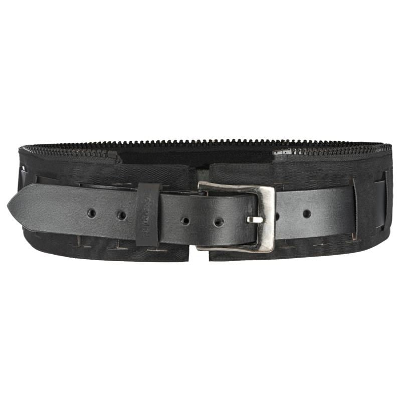 Black leather belt with silver buckle on a white background