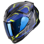 Motorcycle helmet with blue visor and black and yellow design on a white background