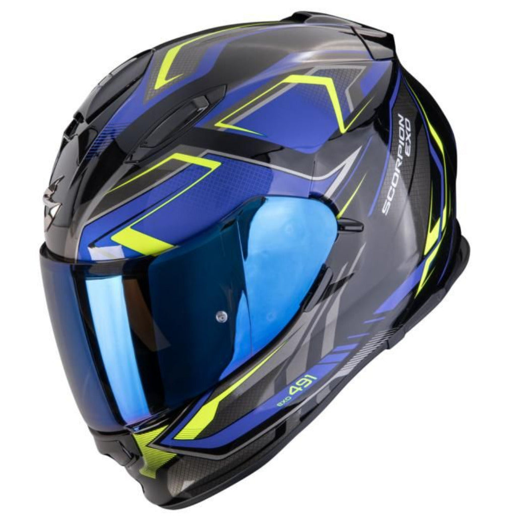 Motorcycle helmet with blue visor and black and yellow design on a white background