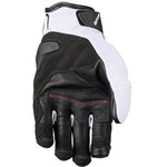 A single black and white motorcycle glove shown from the back, featuring black leather panels, white fabric sections, and a thin red stitched accent line across the back of the hand.