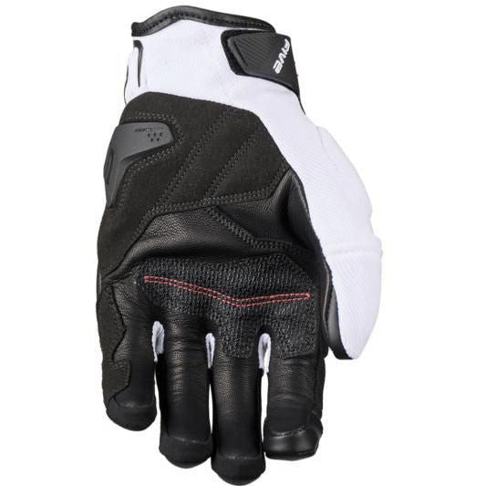 A single black and white motorcycle glove shown from the back, featuring black leather panels, white fabric sections, and a thin red stitched accent line across the back of the hand.