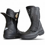 A pair of black Daytona Pro motorcycle boots with Gore-Tex technology, shown from the side and back on a white background.