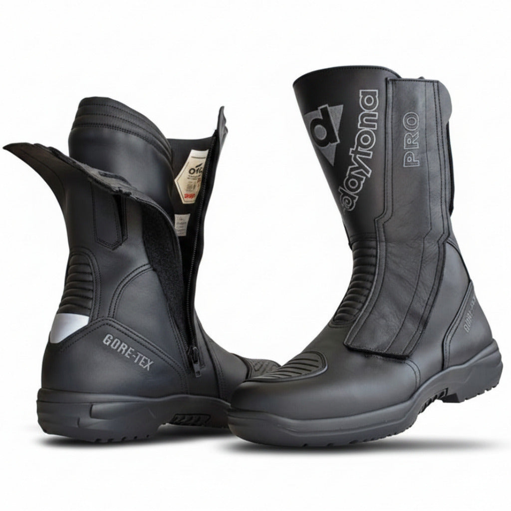 A pair of black Daytona Pro motorcycle boots with Gore-Tex technology, shown from the side and back on a white background.