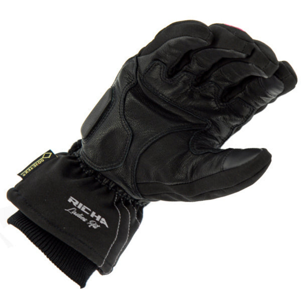 A single black leather winter glove with a ribbed knit cuff, featuring the 'RICH A Limited Fit' logo on the cuff and a 'goretex' tag on the wrist, shown against a plain white background.