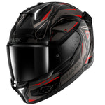 Black and red motorcycle helmet with 'Shark' branding on a white background