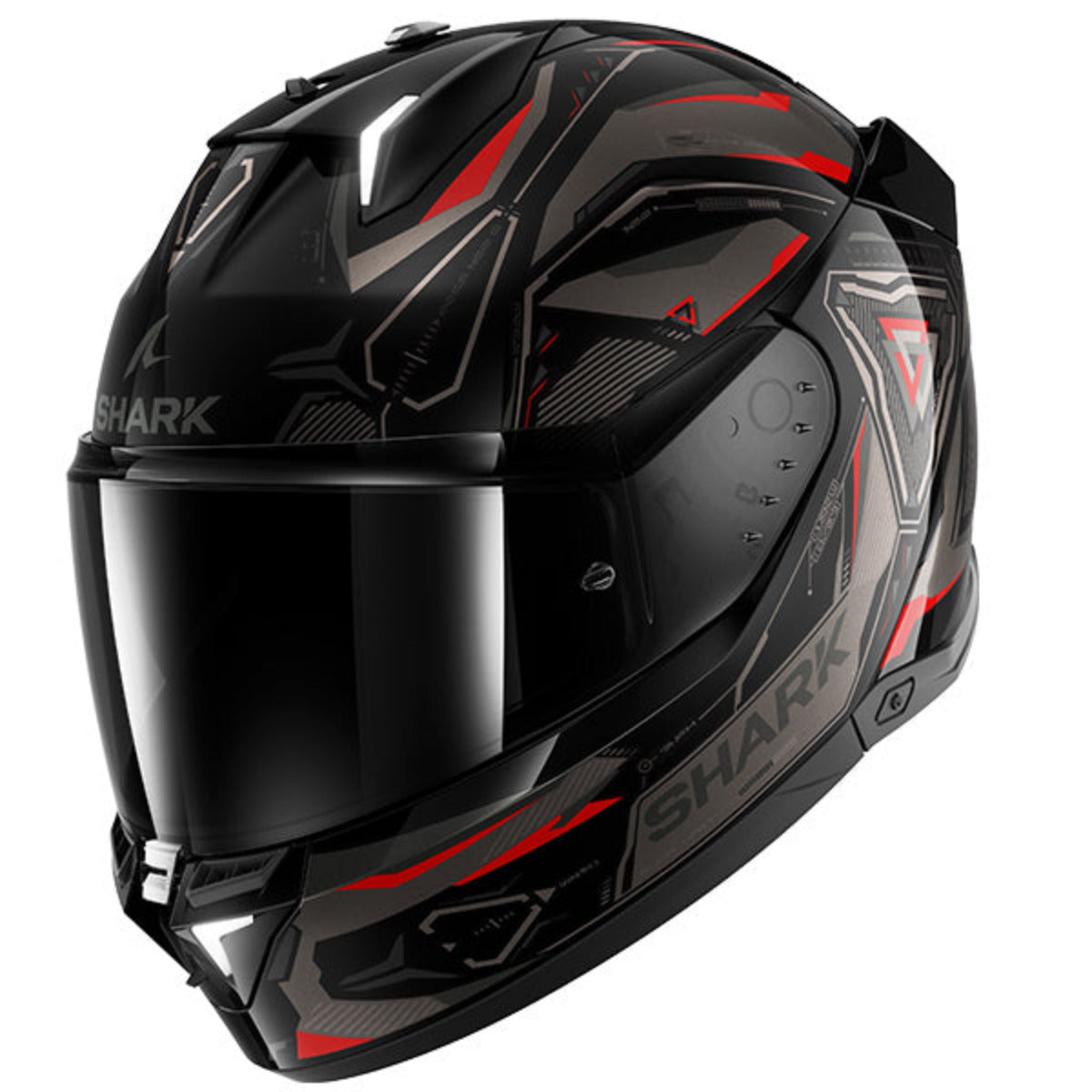 Black and red motorcycle helmet with 'Shark' branding on a white background