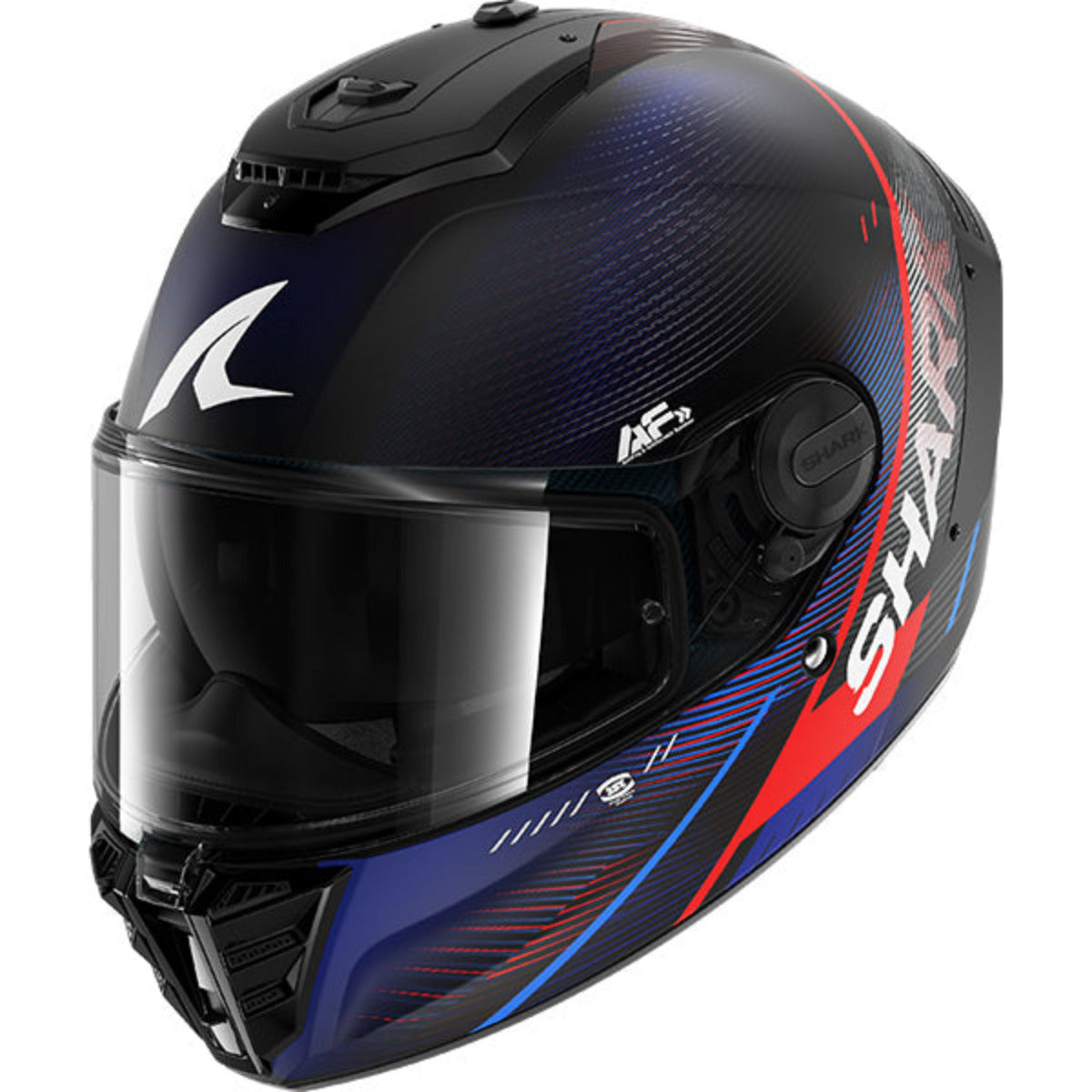 Black, blue, and red motorcycle helmet with visible branding on a white background