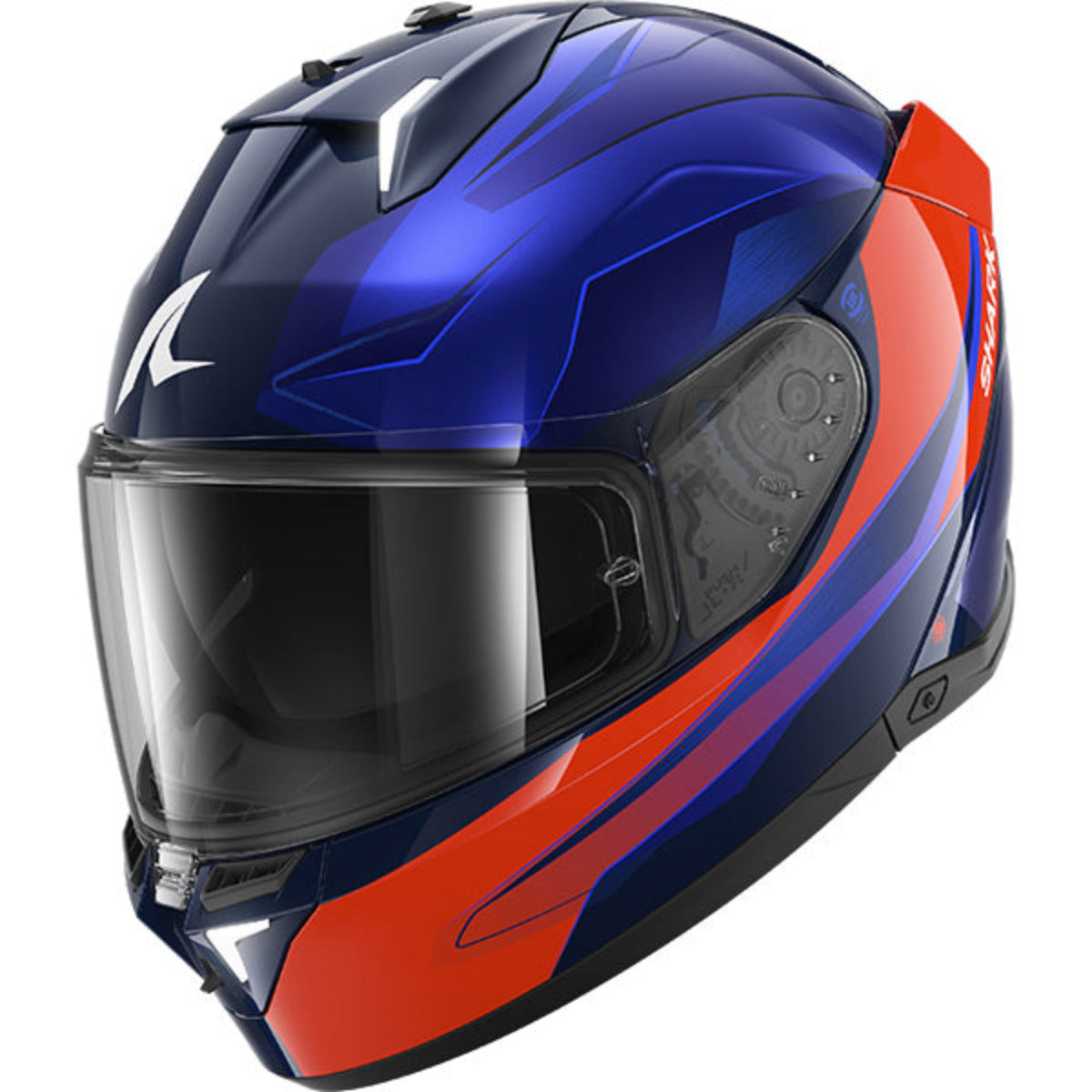 Blue and orange motorcycle helmet on a white background