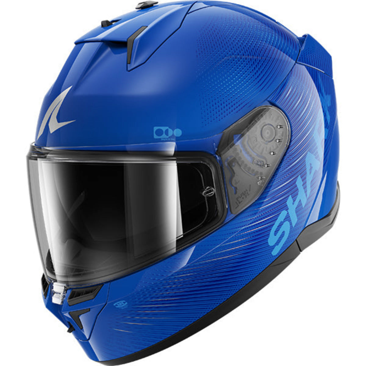 Blue motorcycle helmet with a clear visor on a white background