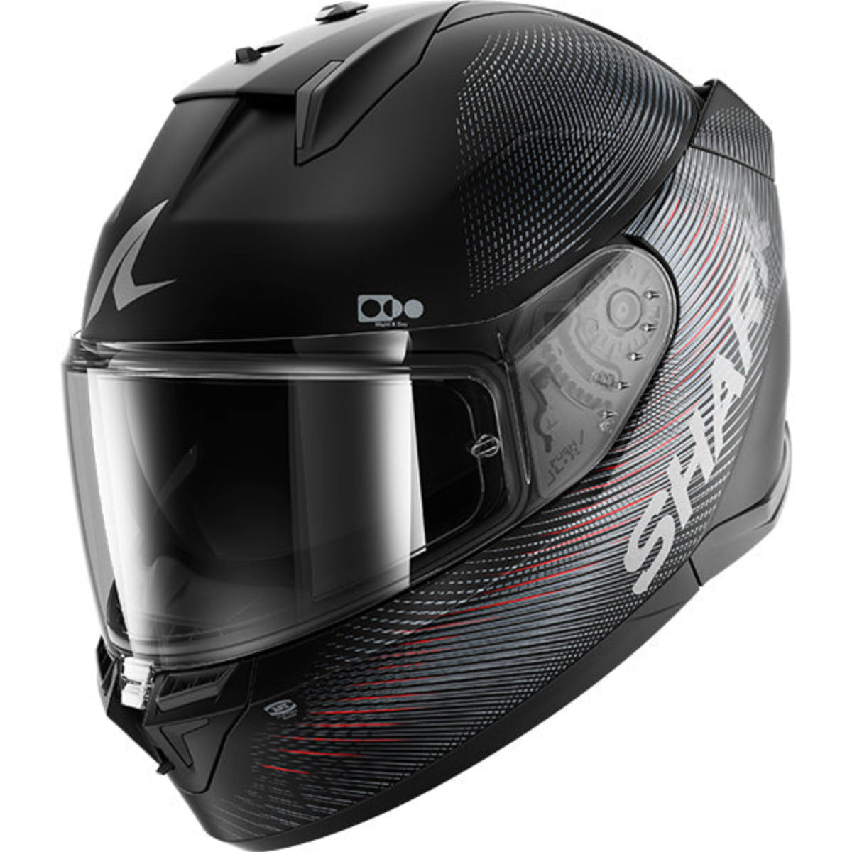 Black motorcycle helmet with a clear visor on a white background