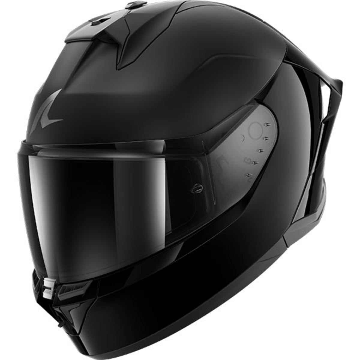 Black motorcycle helmet with clear visor on a white background