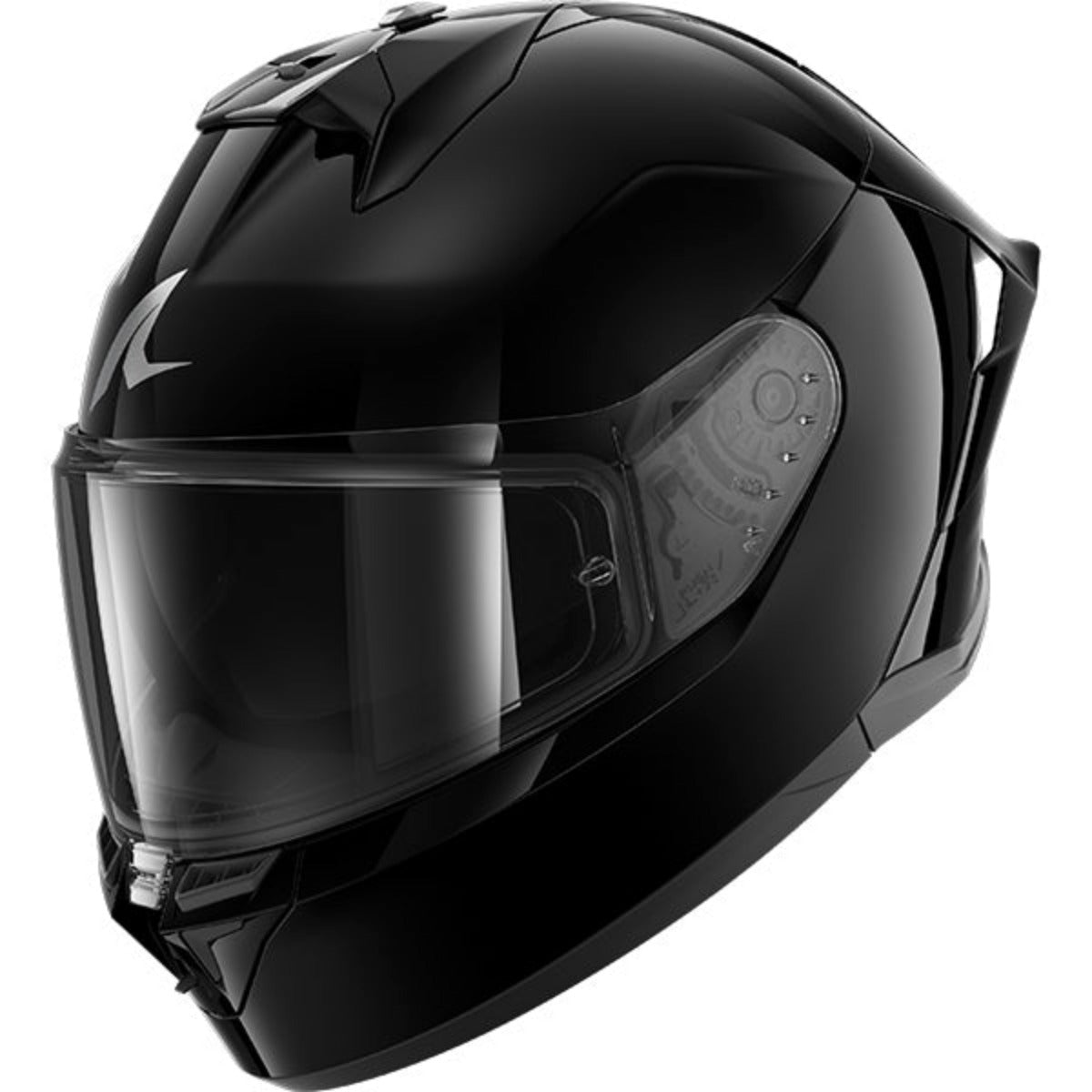 Black motorcycle helmet with clear visor on a white background