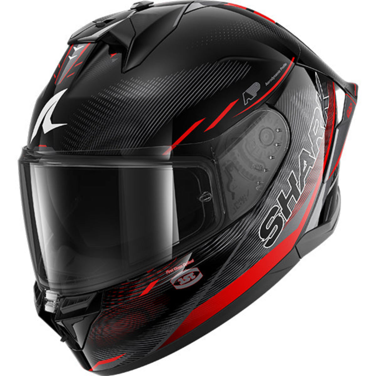 Black and red motorcycle helmet with 'Shark' branding on a white background