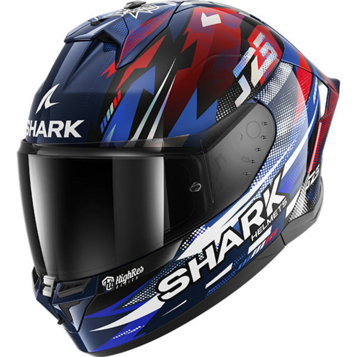 Shark helmet with a colorful design on a white background