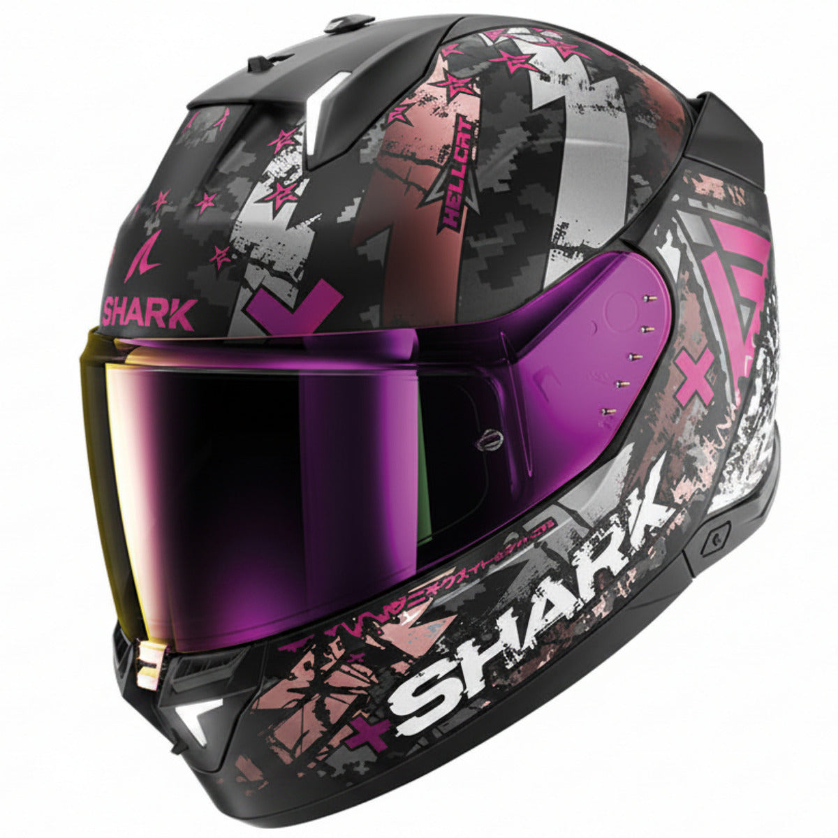 A full-face motorcycle helmet by Shark, featuring a black, gray, and pink camouflage pattern with star accents and a purple-tinted visor. A small inset in the bottom right corner shows a replacement visor.
